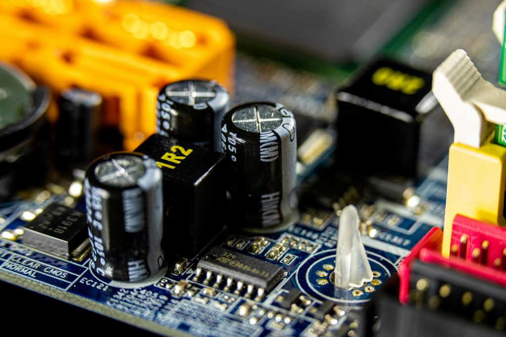 Detailed view of electronic components on a circuit board for computer technology.